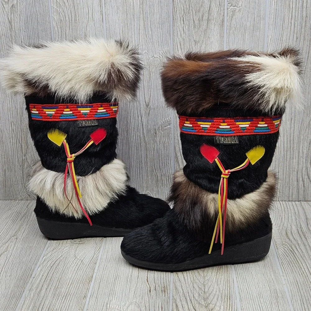 Tecnica‎ Vintage Goat Fur Apres Ski Boots Made in Italy Black Brown EU 39 US 8.5